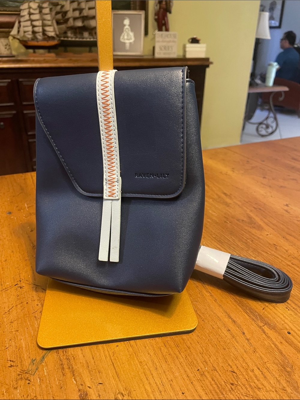 Raven + Lily Navy Crossbody Bag with White Trim and Orange Stitching